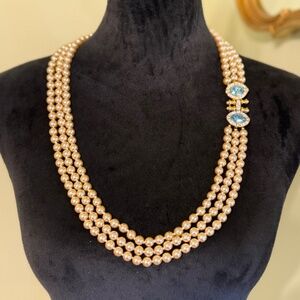 Nolan Miller Triple Strand Pearl Necklace w/Blue Topaz Clasp